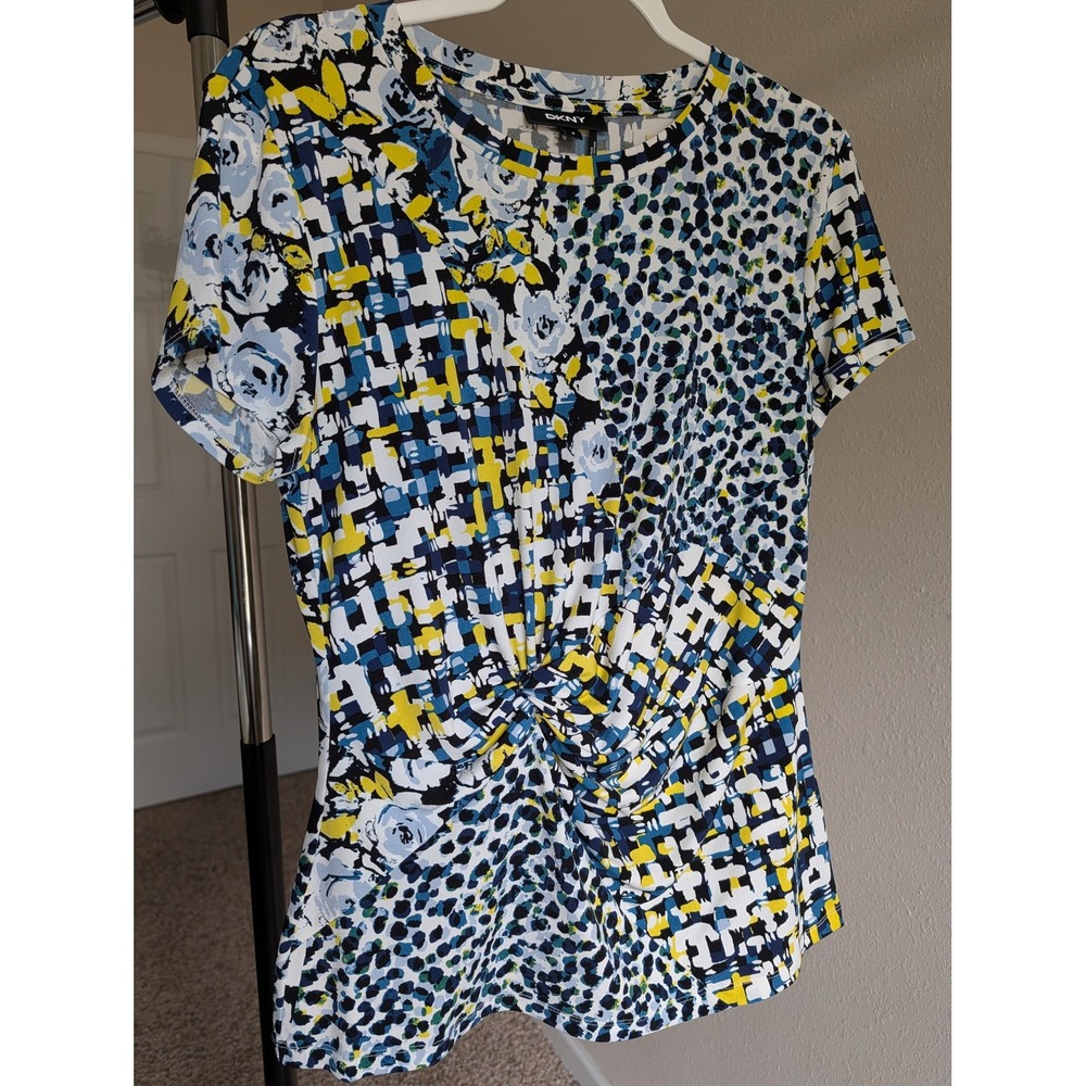 DKNY Womens Mixed Print Twist Front Blouse Blue Yellow Geometric Floral Top M